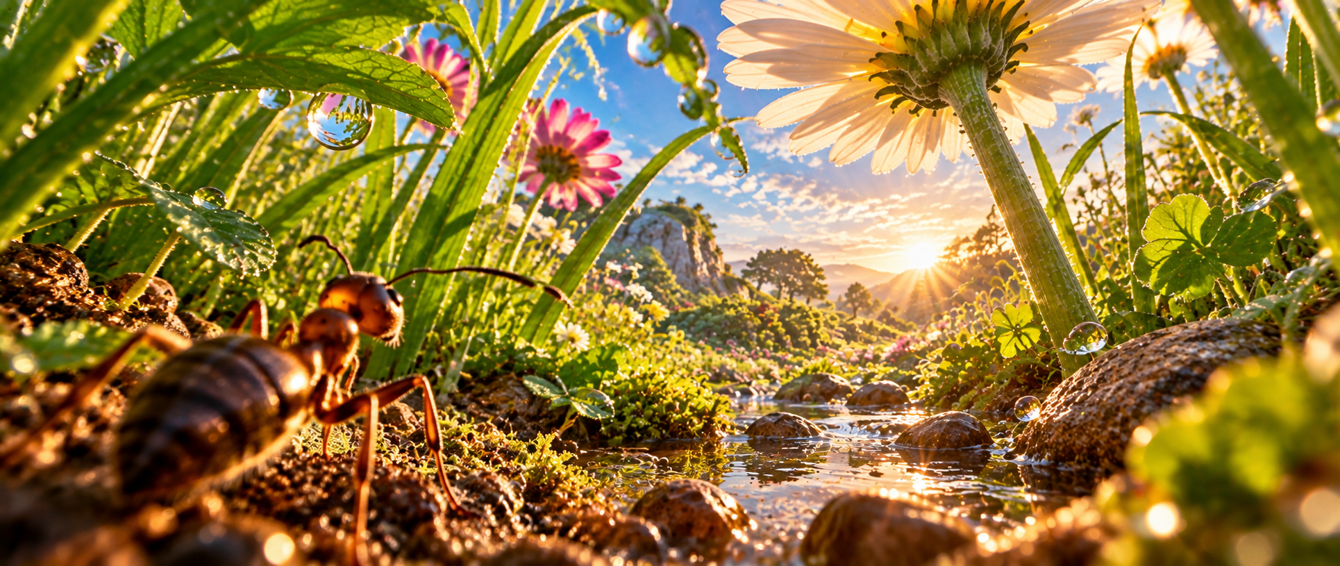 A tiny ant exploring a breathtaking garden at sunrise